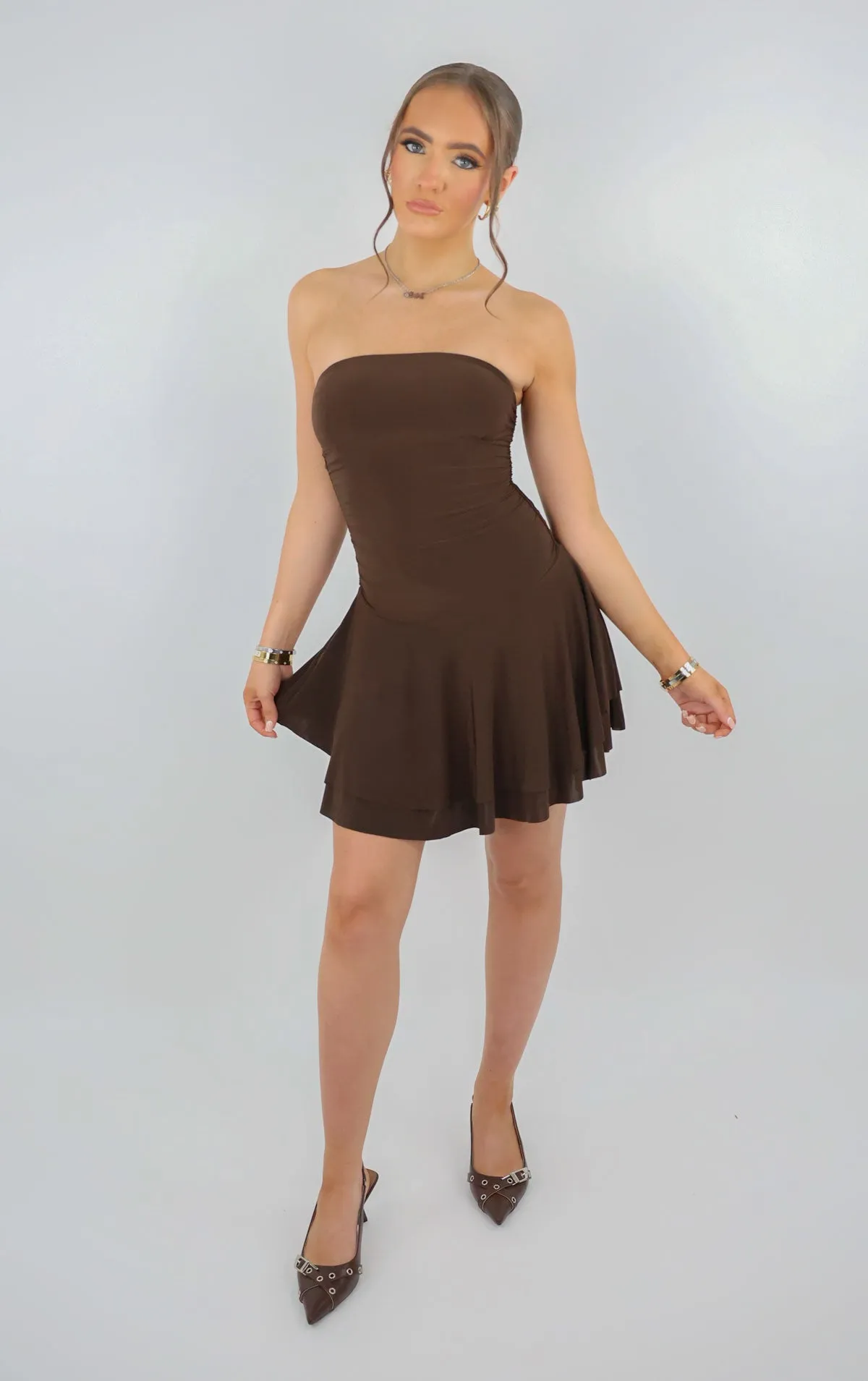 Brown Bandeau Ruched Skater Mini Dress